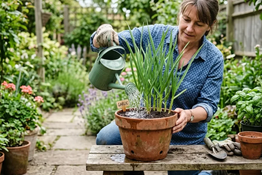 como regar alho em vaso